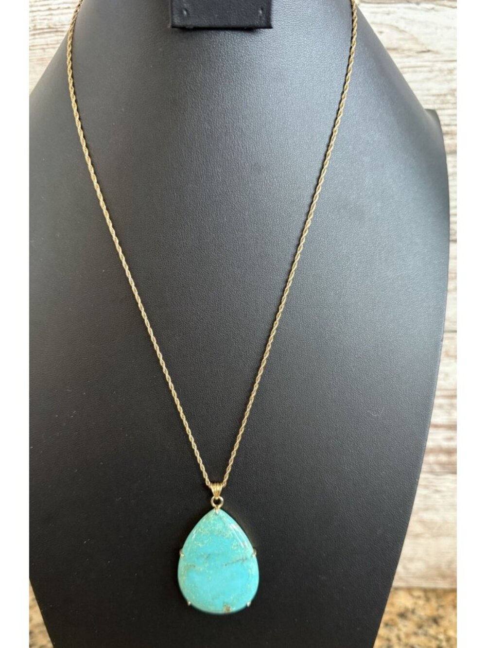 Bezel Teardrop Turquoise Pendant Necklace 22” Gold Vermeil Chain Vintage